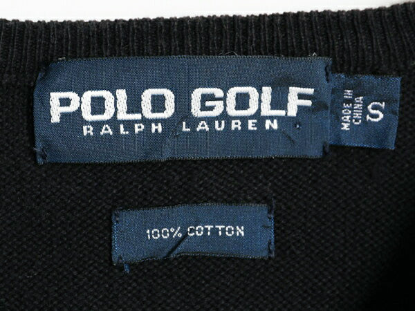90s ポロゴルフ チェック コットン ニット セーター メンズ S 古着 90年代 オールド POLO GOLF ラルフローレン Vネック リブ編み ブラック