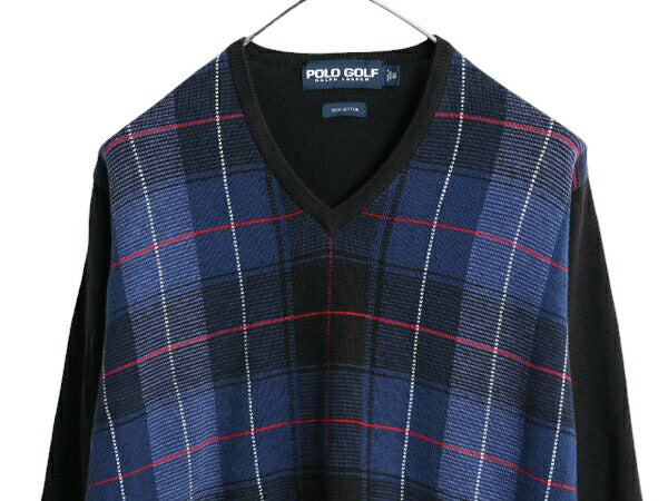 90s ポロゴルフ チェック コットン ニット セーター メンズ S 古着 90年代 オールド POLO GOLF ラルフローレン Vネック リブ編み ブラック