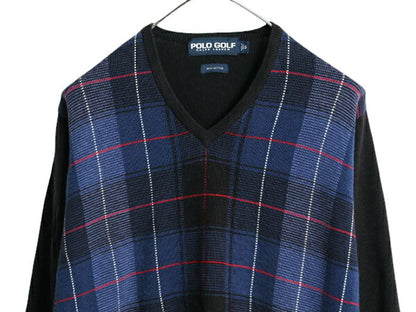 90s ポロゴルフ チェック コットン ニット セーター メンズ S 古着 90年代 オールド POLO GOLF ラルフローレン Vネック リブ編み ブラック