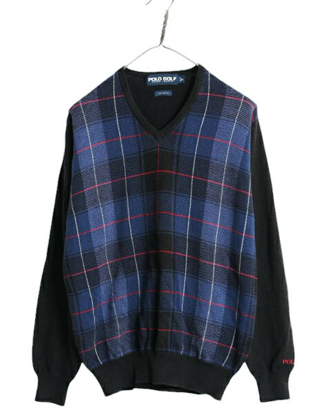 90s ポロゴルフ チェック コットン ニット セーター メンズ S 古着 90年代 オールド POLO GOLF ラルフローレン Vネック リブ編み ブラック