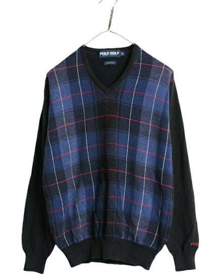90s ポロゴルフ チェック コットン ニット セーター メンズ S 古着 90年代 オールド POLO GOLF ラルフローレン Vネック リブ編み ブラック