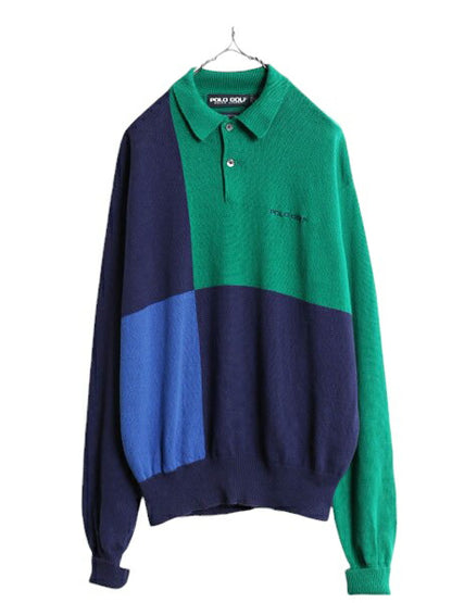90s ポロゴルフ コットン 長袖 ニット ポロシャツ メンズ L 古着 90年代 オールド POLO GOLF ラルフローレン リブ編み セーター クレイジー
