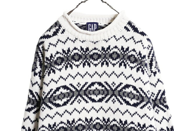 90s OLD GAP ロールネック ノルディック コットン ニット セーター メンズ M / 90年代 オールド ギャップ ヘビーウェイト 総柄 ハイネック