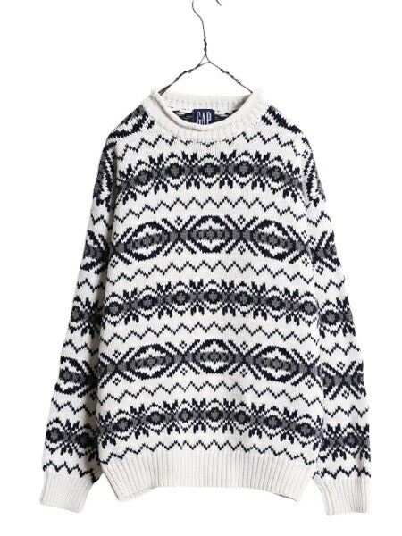 90s OLD GAP ロールネック ノルディック コットン ニット セーター メンズ M / 90年代 オールド ギャップ ヘビーウェイト 総柄 ハイネック