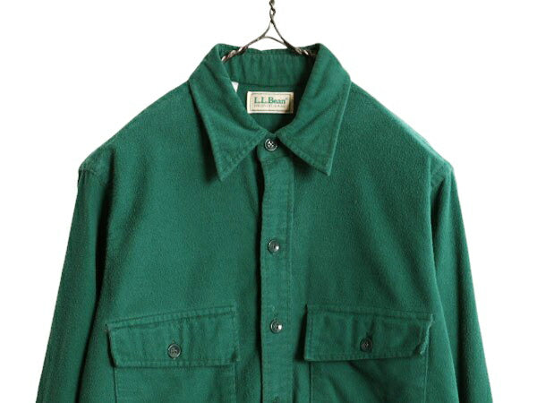 80s エルエルビーン コットン シャモア クロス シャツ メンズ M 程 80年代 ヴィンテージ LLBEAN ネルシャツ フランネル 長袖シャツ 無地 緑