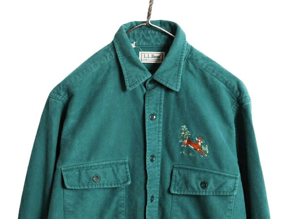 90s USA製 エルエルビーン コットン シャモア クロス シャツ メンズ M 古着 90年代 オールド LLBEAN ネルシャツ フランネル アウトドア 緑