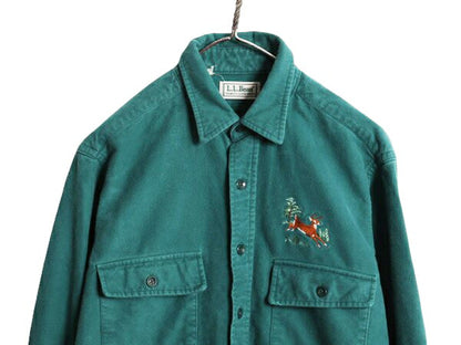 90s USA製 エルエルビーン コットン シャモア クロス シャツ メンズ M 古着 90年代 オールド LLBEAN ネルシャツ フランネル アウトドア 緑