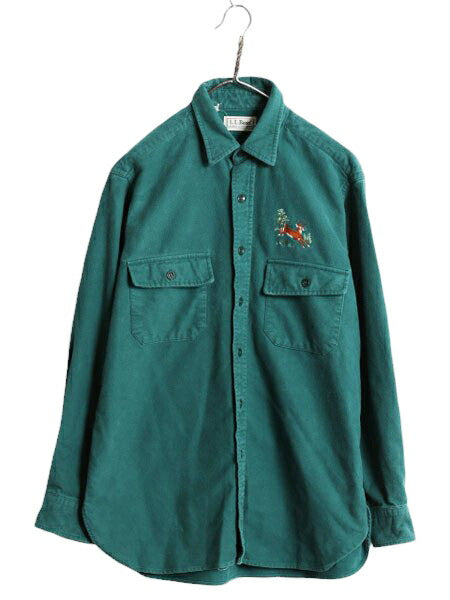 90s USA製 エルエルビーン コットン シャモア クロス シャツ メンズ M 古着 90年代 オールド LLBEAN ネルシャツ フランネル アウトドア 緑