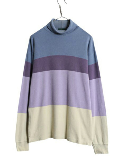 90s USA製 ジェイクルー タートルネック ボーダー 長袖 Tシャツ メンズ M / 古着 オールド J CREW ロンT ストレッチ コットン マルチカラー
