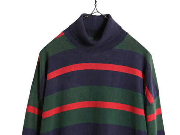 90s ジェイクルー タートルネック ボーダー 長袖 Tシャツ メンズ L 古着 90年代 オールド J CREW ロンT ストレッチ コットン マルチカラー