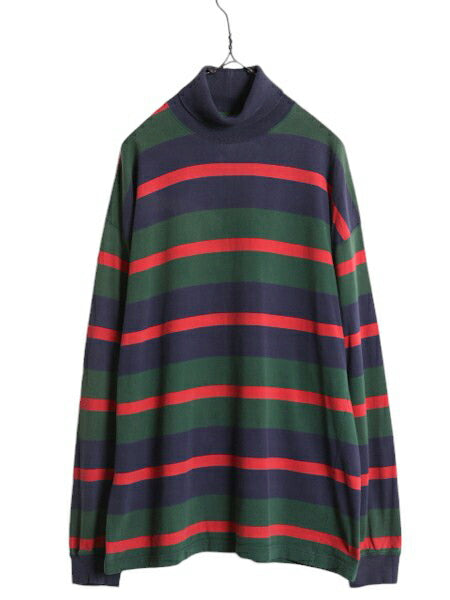 90s ジェイクルー タートルネック ボーダー 長袖 Tシャツ メンズ L 古着 90年代 オールド J CREW ロンT ストレッチ コットン マルチカラー