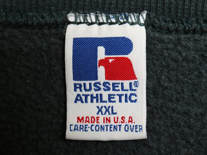 90s USA製 ラッセル ロゴ 刺繍 スウェット メンズ レディース XXL / 古着 オールド トレーナー 前V クルーネック 裏起毛 大きいサイズ 緑 