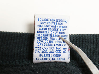 90s USA製 ラッセル ロゴ 刺繍 スウェット メンズ レディース XXL / 古着 オールド トレーナー 前V クルーネック 裏起毛 大きいサイズ 緑 