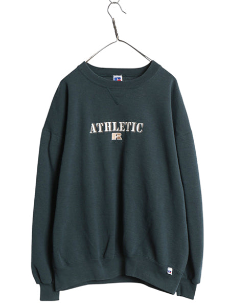 90s USA製 ラッセル ロゴ 刺繍 スウェット メンズ レディース XXL / 古着 オールド トレーナー 前V クルーネック 裏起毛 大きいサイズ 緑 