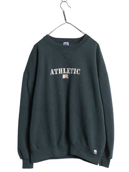 90s USA製 ラッセル ロゴ 刺繍 スウェット メンズ レディース XXL / 古着 オールド トレーナー 前V クルーネック 裏起毛 大きいサイズ 緑 