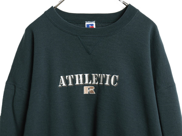 90s USA製 ラッセル ロゴ 刺繍 スウェット メンズ レディース XXL / 古着 オールド トレーナー 前V クルーネック 裏起毛 大きいサイズ 緑 