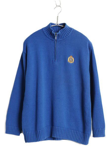 90s ローレン ラルフローレン ハーフジップ コットン ニット セーター レディース M オールド ポロ ハイネック ワンポイント ロゴ 無地 青