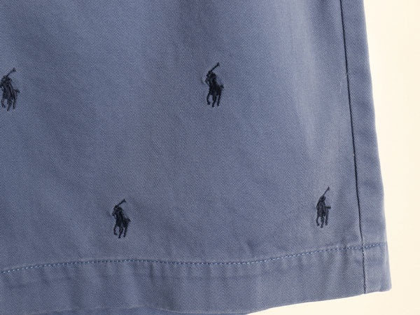 90s ポロ ラルフローレン 総柄  コットン チノ ショートパンツ メンズ 35 ツータック 短パン ショーツ ポニー刺繍 モノグラム ライトブルー