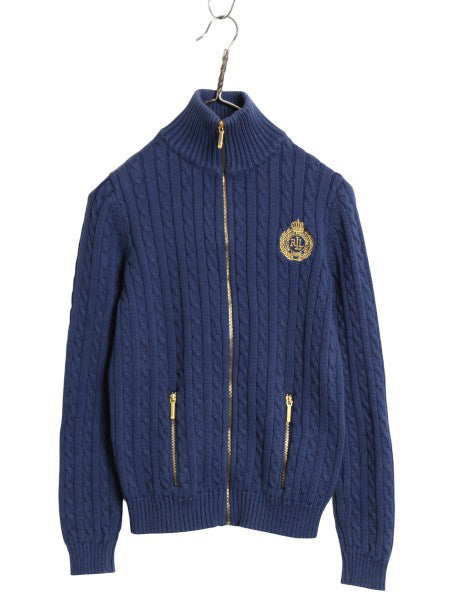 00s ローレン ラルフローレン フルジップ コットン ケーブル ニット セーター レディース S 古着 オールド ポロ ハイネック ジャケット 紺