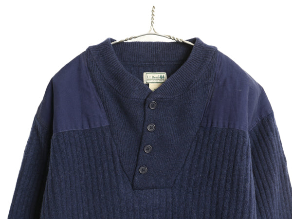 00s エルエルビーン ヘンリーネック コマンド ニット セーター メンズ XL / リブ編み メリノ ラム ウール エルボーパッチ 大きいサイズ 紺
