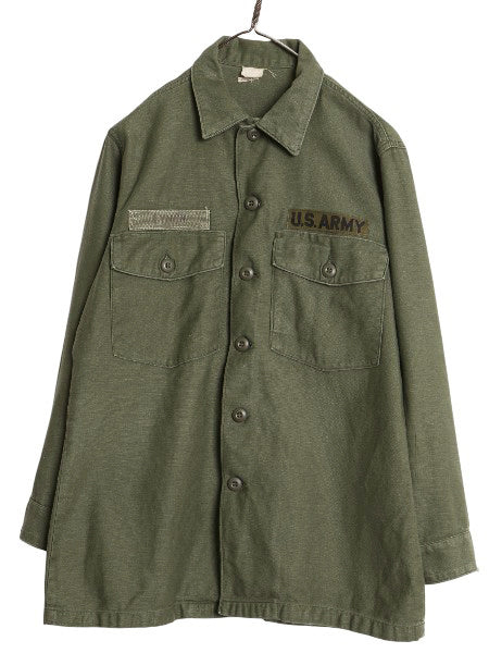 70s 米軍実物 US ARMY コットン サテン ユーティリティ シャツ M ヴィンテージ OG107 シャツ袖 3rd ミリタリー 軍物 ワッペン 付き カーキ