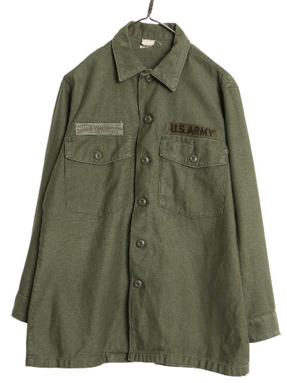 70s 米軍実物 US ARMY コットン サテン ユーティリティ シャツ M ヴィンテージ OG107 シャツ袖 3rd ミリタリー 軍物 ワッペン 付き カーキ