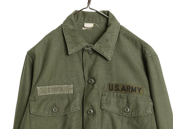 70s 米軍実物 US ARMY コットン サテン ユーティリティ シャツ M ヴィンテージ OG107 シャツ袖 3rd ミリタリー 軍物 ワッペン 付き カーキ