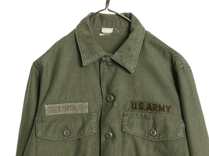 70s 米軍実物 US ARMY コットン サテン ユーティリティ シャツ M ヴィンテージ OG107 シャツ袖 3rd ミリタリー 軍物 ワッペン 付き カーキ