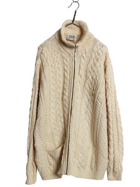 アイルランド製 Carraig Donn フルジップ フィッシャーマン ニット セーター メンズ レディース L ウール アラン ジャケット カーディガン