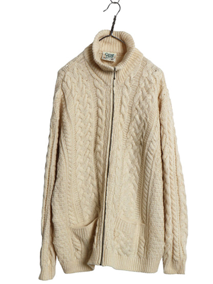 アイルランド製 Carraig Donn フルジップ フィッシャーマン ニット セーター メンズ レディース L ウール アラン ジャケット カーディガン