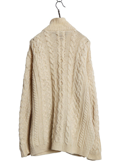 アイルランド製 Carraig Donn フルジップ フィッシャーマン ニット セーター メンズ レディース L ウール アラン ジャケット カーディガン