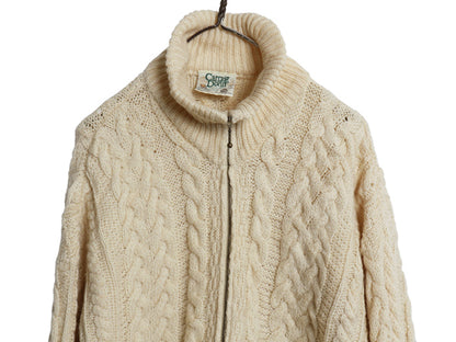 アイルランド製 Carraig Donn フルジップ フィッシャーマン ニット セーター メンズ レディース L ウール アラン ジャケット カーディガン