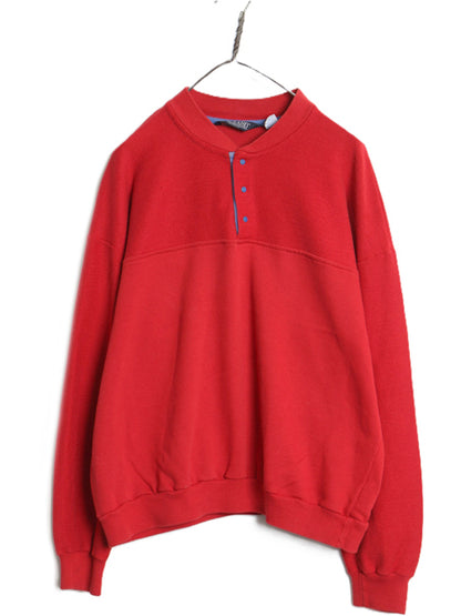 90s USA製 ランズエンド ヘンリーネック スウェット トップス メンズ L 薄手 スナップ トレーナー カットソー Tシャツ ロンT 裏起毛なし 赤