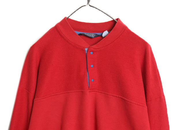 90s USA製 ランズエンド ヘンリーネック スウェット トップス メンズ L 薄手 スナップ トレーナー カットソー Tシャツ ロンT 裏起毛なし 赤