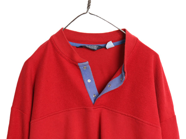 90s USA製 ランズエンド ヘンリーネック スウェット トップス メンズ L 薄手 スナップ トレーナー カットソー Tシャツ ロンT 裏起毛なし 赤