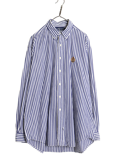 90s ラルフローレン ストライプ 長袖 ボタンダウン シャツ メンズ XL オールド ポロ コットン ワイシャツ クッキー クレスト 大きいサイズ