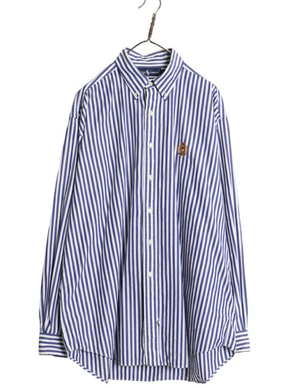 90s ラルフローレン ストライプ 長袖 ボタンダウン シャツ メンズ XL オールド ポロ コットン ワイシャツ クッキー クレスト 大きいサイズ