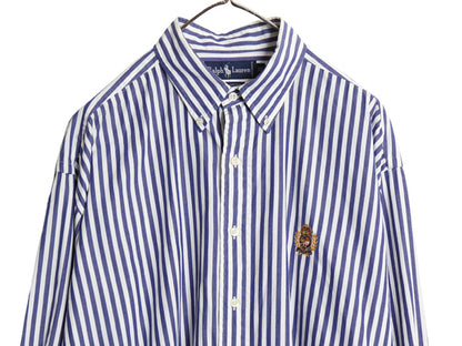 90s ラルフローレン ストライプ 長袖 ボタンダウン シャツ メンズ XL オールド ポロ コットン ワイシャツ クッキー クレスト 大きいサイズ