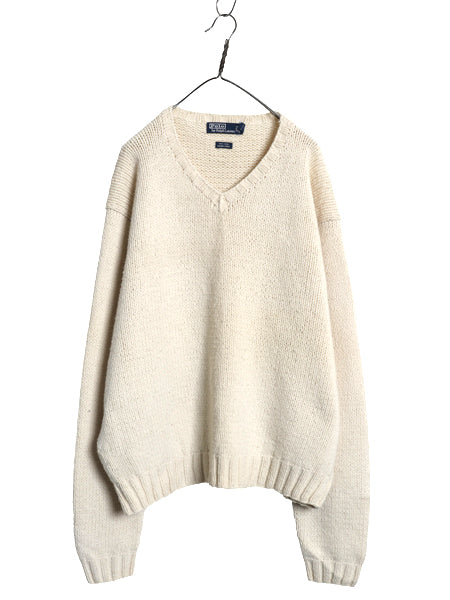 90s ポロ ラルフローレン Vネック ニット セーター メンズ XXL / オールド ウール ハンドメイド ナチュラル ポニー無し 無地 大きいサイズ