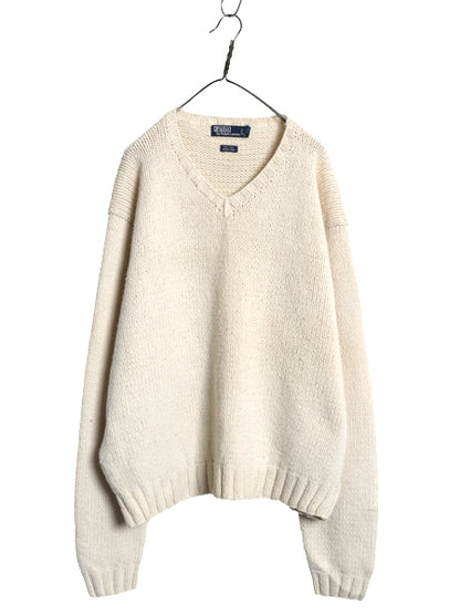 90s ポロ ラルフローレン Vネック ニット セーター メンズ XXL / オールド ウール ハンドメイド ナチュラル ポニー無し 無地 大きいサイズ