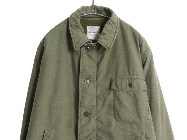 80s 米軍実物 USN ネイビー A-2 デッキ ジャケット メンズ L 程/ 86年製 ヴィンテージ ミリタリー 軍物 裏ボア ライナー付き ステンシル 緑