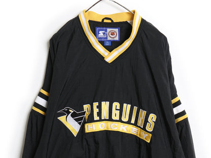 90s ペンギンズ ナイロン ジャケット メンズ XL 古着 オールド NHL オフィシャル スターター ホッケー ウィンドブレーカー 大きいサイズ 黒