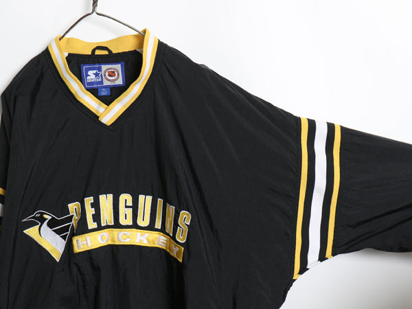90s ペンギンズ ナイロン ジャケット メンズ XL 古着 オールド NHL オフィシャル スターター ホッケー ウィンドブレーカー 大きいサイズ 黒