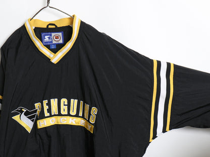 90s ペンギンズ ナイロン ジャケット メンズ XL 古着 オールド NHL オフィシャル スターター ホッケー ウィンドブレーカー 大きいサイズ 黒