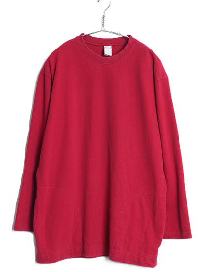 90s ランズエンド 無地 長袖 Tシャツ S メンズ レディース L 程 オールド ロンT ストレッチ スムース コットン ポケット付き カットソー 赤