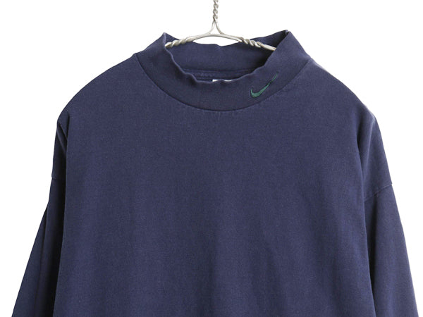 90s USA製 ナイキ モックネック 長袖 Tシャツ メンズ L / オールド ワンポイント スウッシュ ハイネック ロンT ヘビーウェイト コットン 紺