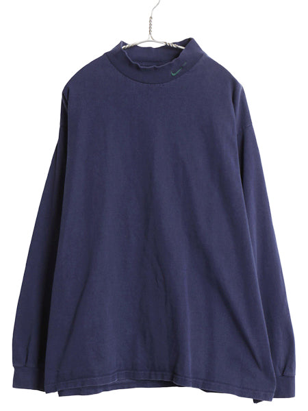 90s USA製 ナイキ モックネック 長袖 Tシャツ メンズ L / オールド ワンポイント スウッシュ ハイネック ロンT ヘビーウェイト コットン 紺