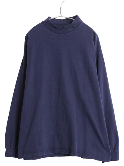 90s USA製 ナイキ モックネック 長袖 Tシャツ メンズ L / オールド ワンポイント スウッシュ ハイネック ロンT ヘビーウェイト コットン 紺