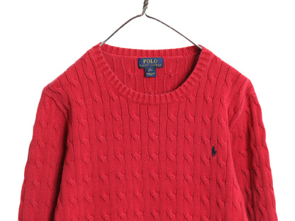 ポロ ラルフローレン コットン ケーブル ニット セーター キッズ XL メンズ S レディース M 古着 ワンポイント クルーネック シンプル 赤
