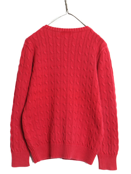 ポロ ラルフローレン コットン ケーブル ニット セーター キッズ XL メンズ S レディース M 古着 ワンポイント クルーネック シンプル 赤